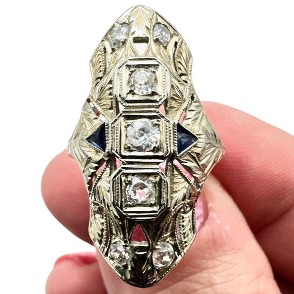 European 20K White Gold Womens Ring Diamond Blue Sapphire Art Deco 1920s Antique